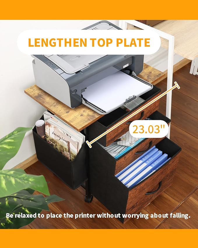KATHY&BOB Printer Stand with 3 Fabric Drawer, Mobile File Cabinet for Home Office with Storage Bag, Rolling Under Desk Organizer Shelf, Fits A4 or Letter Size, Complete Top Plate Fast Assembly