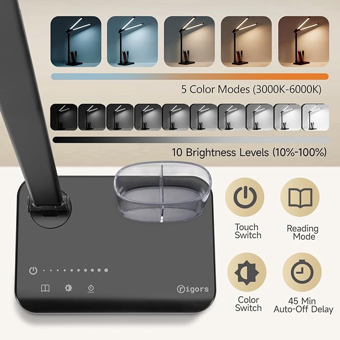 LED Desk Lamp for Home Office - Dual Swing Arm Desk Light with USB Charging Port,Eye-Caring Foldable 5 Color Modes 10 Brightness Levels Dimmable Desk Lamp for College Dorm Room (Black)
