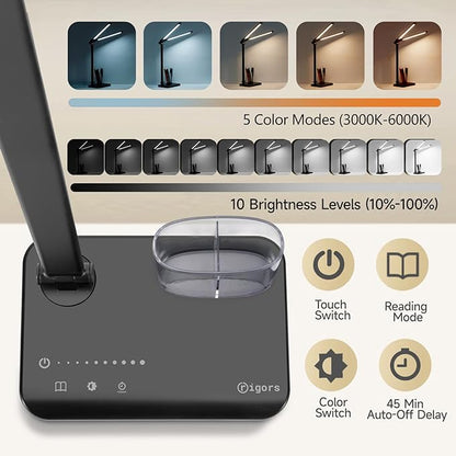 LED Desk Lamp for Home Office - Dual Swing Arm Desk Light with USB Charging Port,Eye-Caring Foldable 5 Color Modes 10 Brightness Levels Dimmable Desk Lamp for College Dorm Room (Black)