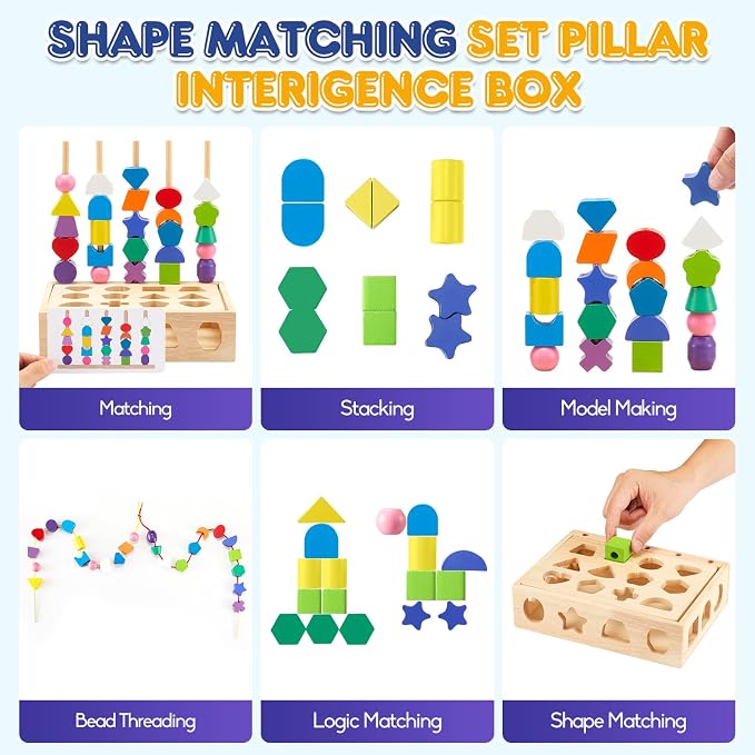 3 in 1 Montessori Wooden Toys, Lacing Beads & Stacking Blocks & Shape Sorter Sequencing Toy Set, STEM Preschool Educational Learning Fine Motor Skills Toys for Toddlers 3 4 5 Years Gifts
