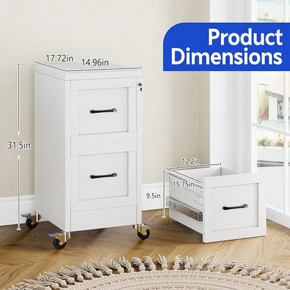 Small Metal 2-Drawer File Cabinet, Under Desk Office Cabinet, White | Rolling, Locking, Adjustable Hanging Rail, Fit A4, FC, Letter, Hanging File Folders for Home Office Storage Organization, 1PS