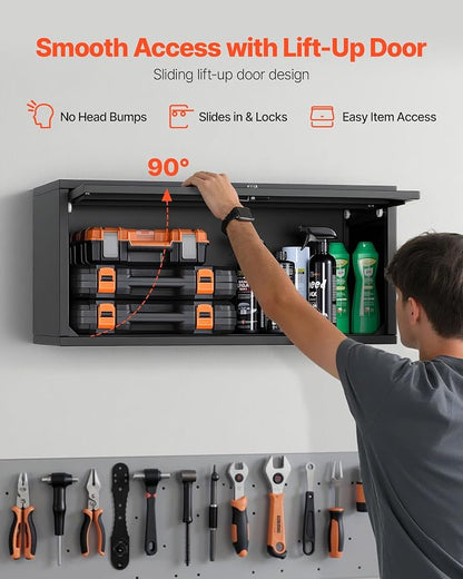 VEVOR Metal Wall Cabinet, 30.31W x 12.01D x 14.02H Inch, Floating Garage Tool Cabinet with Up-Flip Door, 120 lbs Load per Shelf, Fit for Garage, Basement, Kitchen, Warehouse, Assembly Required
