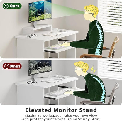 ALISENED 30 Inch Computer Desk, with Keyboard Tray & Monitor Stand | Compact Desk for Space-Saving, Ergonomic Study Desk with Storage Shelves for Writing, Gaming, Working, White