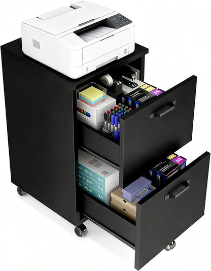 Simple Deluxe 2 Drawer Filing Cabinet, Wood Rolling Filing Cabinets with Printer Stand, Under Desk Storage Lockable Wheels, Home Office Organizer for A4 Letter Legal Size Documents,Black