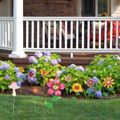 hogardeck Garden Decor for Outside, Set of 10 Metal Flowers Garden Stakes with Mushroom Butterfly Ladybug for Spring Decor, Yard Art Garden Decorations for Outdoor Lawn Porch Pathway (Multi-Color)