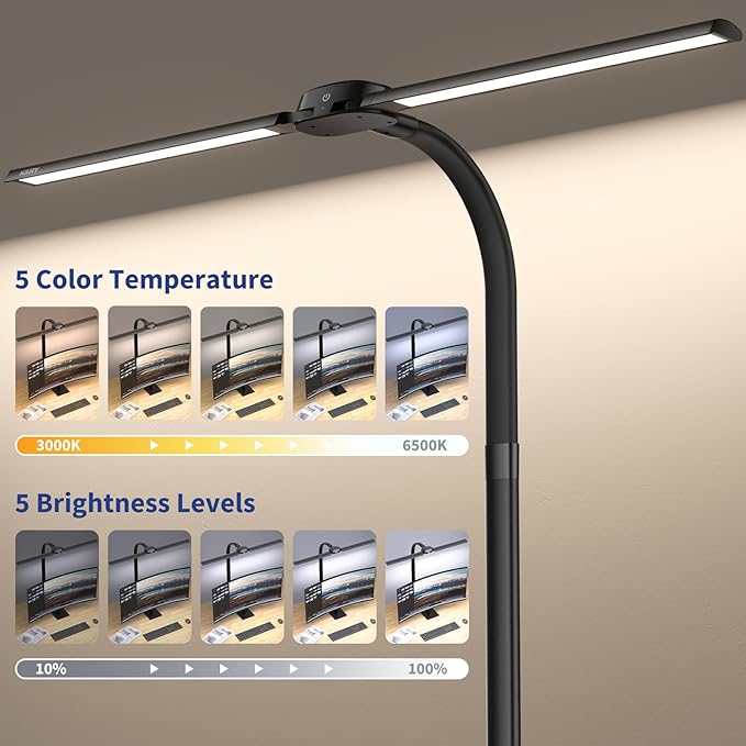 Led Desk Lamp with USB Charging Port Architect Task Dual Lamps for Home Office with Atmosphere Lighting, 24W Ultra Bright Modern Flexible Gooseneck Tall Table Light 5 Color Modes for Drafting Reading