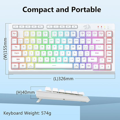 Redragon Wireless Gaming Keyboard, Portable 75% Compact,RGB Backlit, White | Bluetooth/2.4GHz/USB-C Wired, Mini Quiet Macro Membrane Keyboard, Rechargeable 4000mAh Battery, Anti-Ghosting for Win/MAC