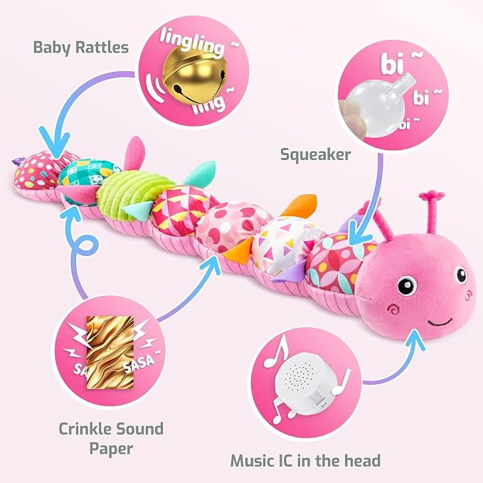 Sumobaby Infant Baby Musical Stuffed Animal Toys for 0-3-6-12 Months,Multi Sensory Toys with Crinkle and Rattles, Tummy Time Toys for Newborn Boys Girls, Caterpillar, Pink
