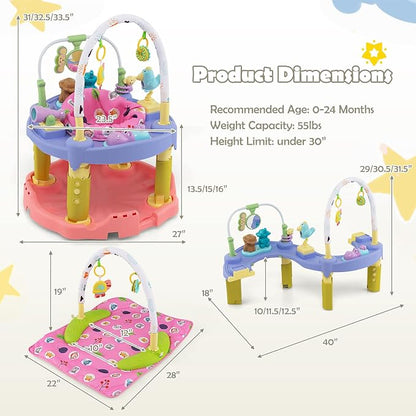 HONEY JOY Baby Bouncer Activity Center, 3-Stage Bouncing Activity Saucer & Playtime Mat & Activity Table, Toy-Bar, 3 Adjustable Heights, Foldable Activity Center for Infants & Toddlers(Pink)
