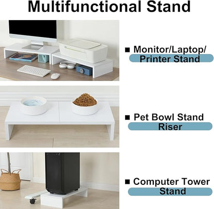 TEAMIX 2 Pack White Monitor Stand Riser - 20 inch, Wooden Desktop Stand for PC/TV/Laptop/Printer, Monitor Riser with Storage, Computer Stand with Keyboard Organizer