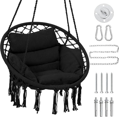 Macrame Hammock Hanging Swinging Chair with Medium Cushion, Perfect for Bedroom, Porch, Adults, Balcony, Black