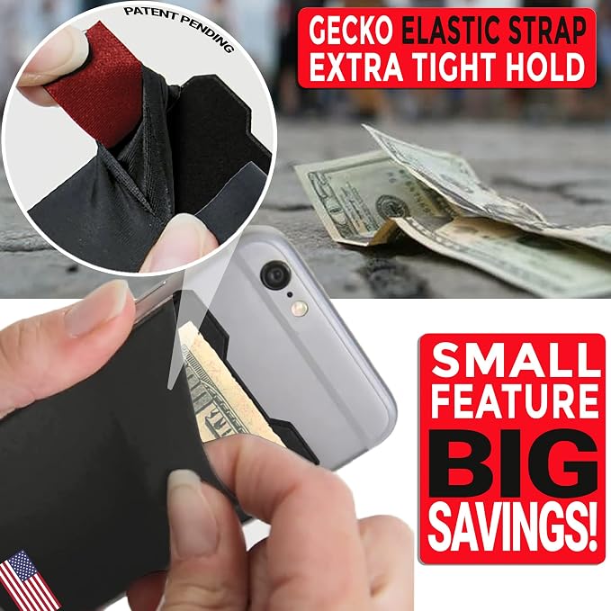 Phone Wallet - Adhesive Card Holder - Cell Phone Pouch - Stick on Lycra Pocket by Gecko - Carry Credit Cards and Cash