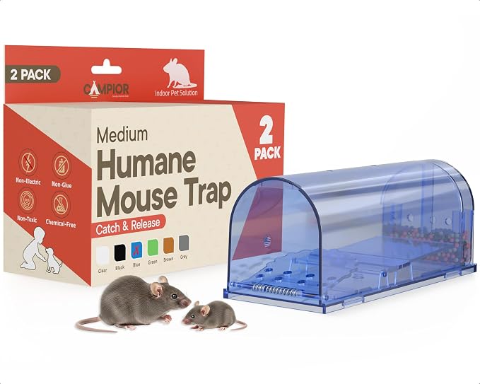 Campior Humane Mouse Trap Pack of 2, Live Mouse Traps Catch and Release for Indoors & Outdoors, Pet & Child Safe, 6.69" Reusable Plastic Mouse Cage with Spring Door, Cleaning Brush Included, Blue