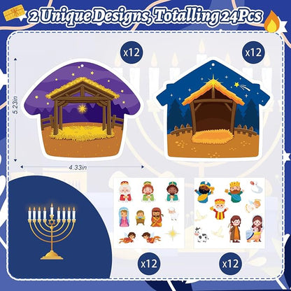 PAIVSUN 24Pcs Nativity Craft Sticker, Make a Nativity Scene Stickers DIY Hanukkah Christmas Crafts Kits for Xmas Tree Ornament Classroom Religious Christian Party Game Supplies, 2 Designs