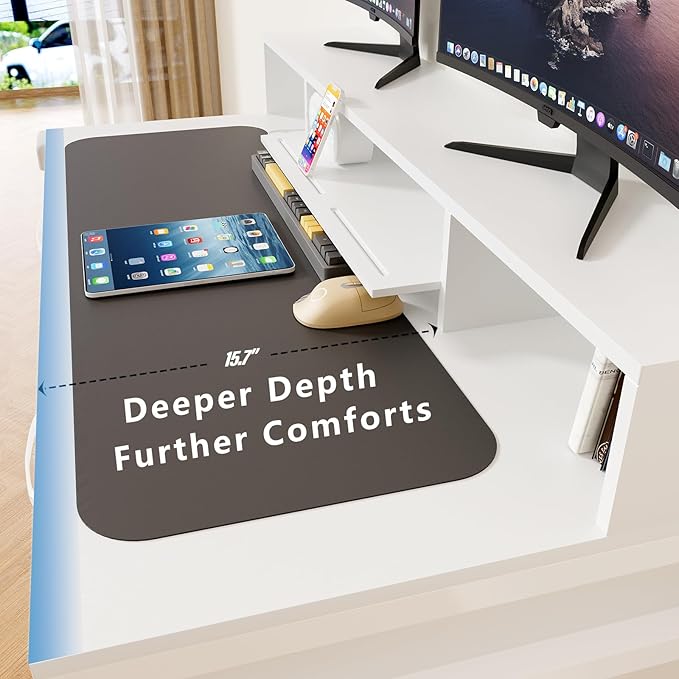 Computer Desk with Drawers, 47" Home Office Desk with Monitor Shelf, Writing Desk with Storage, Gaming Desk Work Desk Study Desk for Bedroom, White