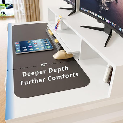 Computer Desk with Drawers, 47" Home Office Desk with Monitor Shelf, Writing Desk with Storage, Gaming Desk Work Desk Study Desk for Bedroom, White
