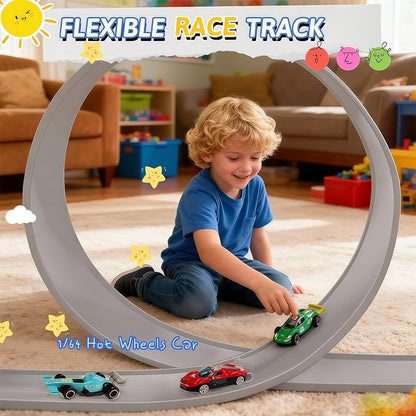 Flexible Race Track for Kids, 16 Ft Flex Race Car Ramp Track with Racing Cars Track Toys Compatible with Diecast 1/64th Hot Wheel Cars Rolls up Portable Car Ramp Toys for Boys and Girls Ages 3+ -