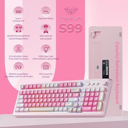 AULA 99 Key Keyboard, Wireless Pink Gaming Keyboard Creamy with Number Pad | Membrane Keyboard,RGB Backlit,Tri-Mode BT/2.4GHz/USB-C,2000mAh Rechargeable Thocky Clicky Creamy Sound Computer Keyboards