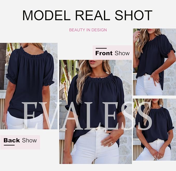 EVALESS Womens Tops Off The Shoulder Blouses for Women Dressy Casual Cute Puff Sleeve T Shirts Fashion 2026