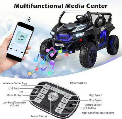 Costzon 2-Seater Ride on Car for Kids, 12V Kids' Electric Vehicles w/Remote Control, 4 Shock Absorbers, Wireless Music & FM, 3 Speeds, Ambiance Lights, Electric UTV, Kid Car Toy for Boys, Girls(Black)