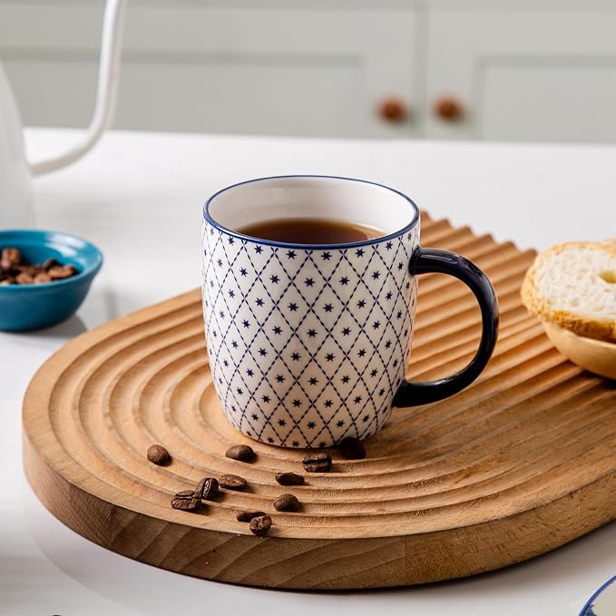 Ceramic Coffee Mugs Set - 10 OZ Large Porcelain Tea Cups with Handle for Milk Cappuccino Latte Cocoa Tea - Microwave Dishwasher Safe - Christmas Housewarming Gift -Set of 6 - Vintage Blue