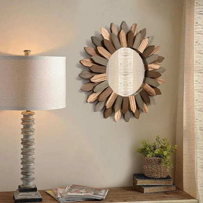 Honiway Boho Wall Decor Mirror 2 Pack 12 inch Rustic Wood Decorative Mirror for Room Decor Rustic Farmhouse Wall Decor for Bedroom Bathroom Living Room Entryway Tril Color