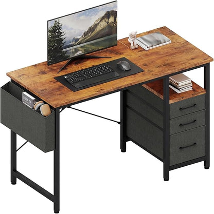 DUMOS 39 Inch Small Computer Desk with Storage, Fabric Drawers | Writing Table, Side Pocket, Space Saving Workstation, Home Office, Gaming Setup, Dorm Apartment, Rustic Brown