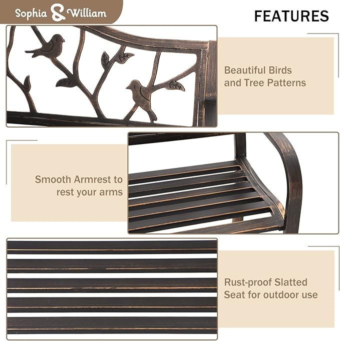 Sophia & William Outdoor Bench, Porch Bench, Garden Bench, Wrought Iron Bench with Backrest and Armrests, Bronze