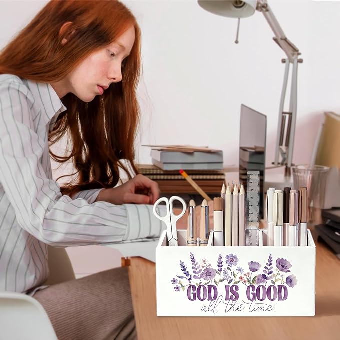 Purple Floral Christian Pen Pencil Holder for Desk, Christian Gifts for Women, God Is Good All the Time Bible Verse Religious Wooden Box Sign Decorations for Home Office Desk Tabletop