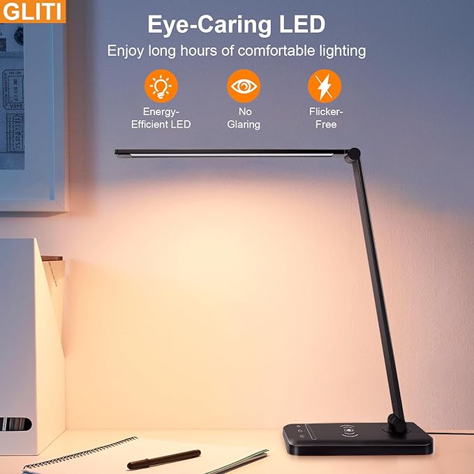 LED Desk Lamp with Wireless charging，Dimmable Desk Light, 5 Light Colors, 6 Brightness Levels, Touch Control Table Lamp with USB Rechargeable, Auto Timer, for College Dorm, Home, Office