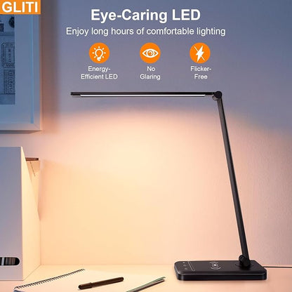 LED Desk Lamp with Wireless charging，Dimmable Desk Light, 5 Light Colors, 6 Brightness Levels, Touch Control Table Lamp with USB Rechargeable, Auto Timer, for College Dorm, Home, Office