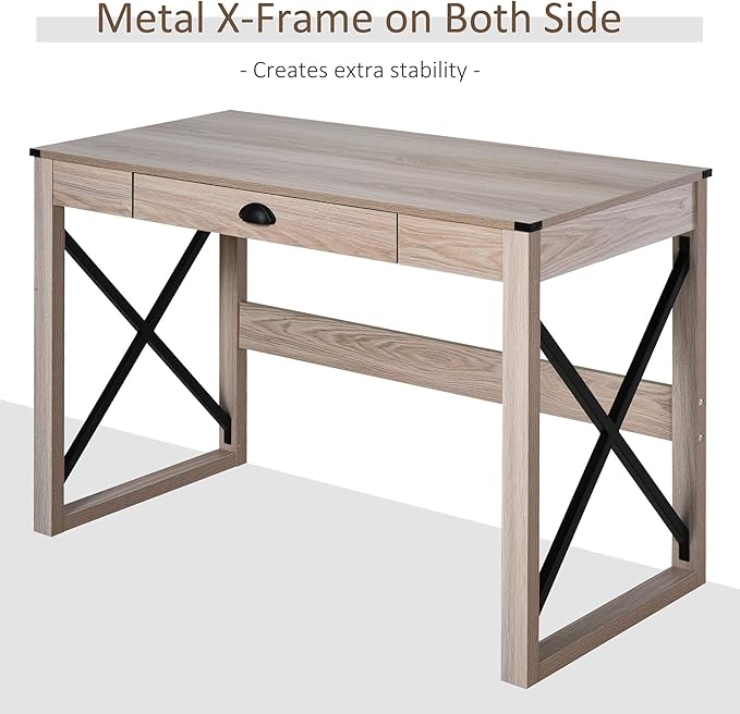 HOMCOM 44 inch Home Office Computer Desk, Rustic Writing Desk, Farmhouse Workstation with Storage Drawer, X-Frame