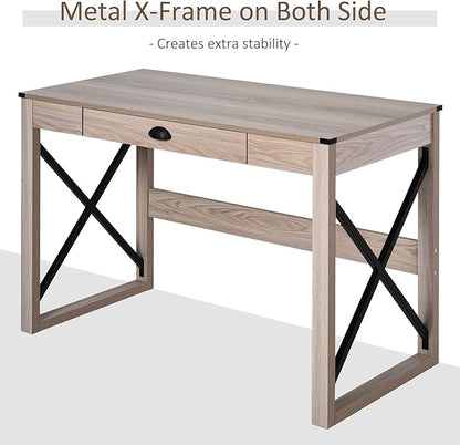 HOMCOM 44 inch Home Office Computer Desk, Rustic Writing Desk, Farmhouse Workstation with Storage Drawer, X-Frame