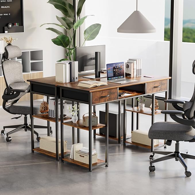 DUMOS 48-Inch Computer Desk with Drawers, Hook and Side Bag, Brown | Home Office Desk for Bedroom, Gaming Writing Study Desk with Adjustable Feet