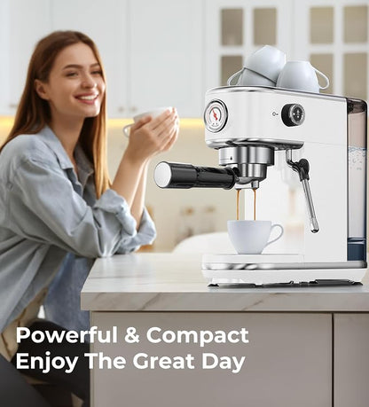 atatix 20 Bar Espresso Machine with Milk Frother, Compact Espresso Maker | Stainless Steel Coffee Machine with Precise Temp Control, 44oz Removable Water Tank for Latte, Cappuccino, White