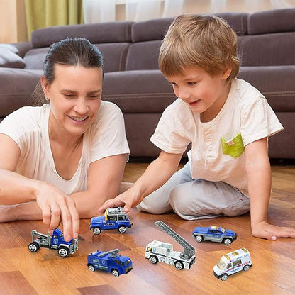BenRich 6Pcs Mini Die Cast Car 1/64 Scale Alloy Metal Model Vehicle Set - Ladder, Water Tower, Ambulance, Police Patrol Car & Transport Truck, Patrol - Toys for Kids Boys Girls Birthday Xmas Present