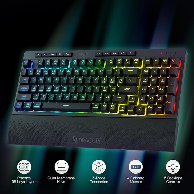 Redragon K515 PRO Shiva RGB Wireless Membrane Gaming Keyboard, 98 Keys Mechanical-Feel Keyboard w/Smooth Linear Switch, On-Board Macro & Multimedia Keys, Detachable Wrist Rest, Software Supported