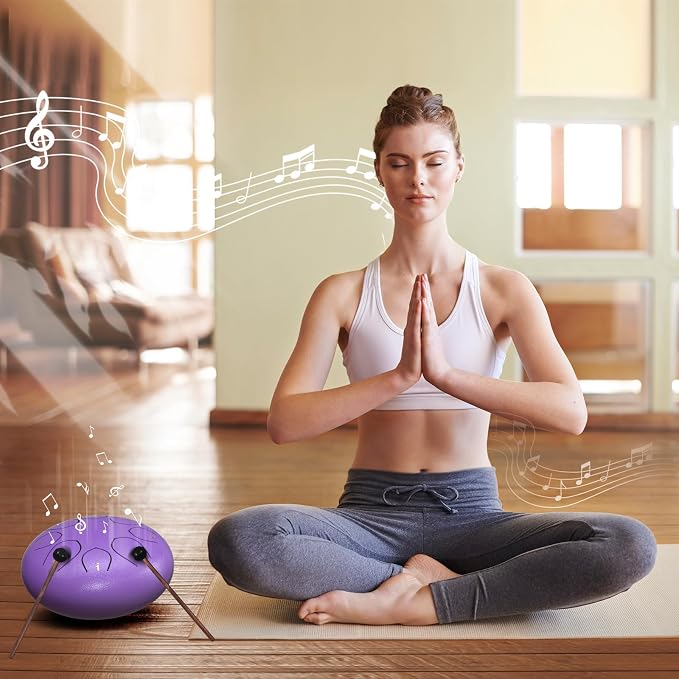 Rain Drum for Outside Garden, 6 Inches 8 Notes Steel Tongue Drums, Waterproof Meditation Echo Rain Chime, Musical Instruments for Adult Gift with Bag, Music Book, Mallets (Purple)