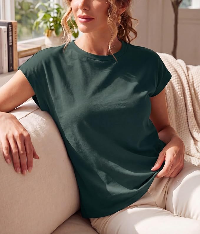 GRECERELLE Womens Summer Tops Cap Sleeve Crew Neck Basic T-Shirt | Everyday Casual Wear, Layering Friendly, Wrinkle-Resistant, Business Casual Ready, Lightweight & Packable, Capsule Wardrobe
