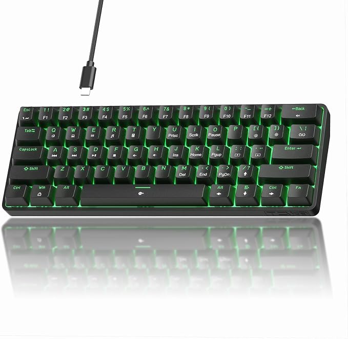 TMKB 60% Mechanical Gaming Keyboard, Red Linear Switch, Wired, Black | LED Backlight, Anti-Ghosting, Detachable USB-C, Double-Shot Keycaps, 61 Keys