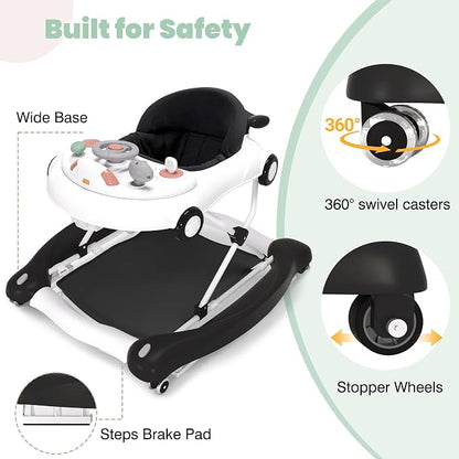 5-in-1 Convertible Baby Walker with Steering Wheel Music Activity Center – Infant Rocker, Jumper, Push Walker, Bouncer & Feeding Foldable Walker for Ages 6-18 Months Boys Girls (Black)