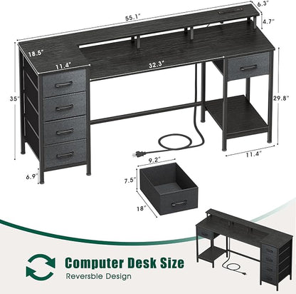 Korfile 55 Inch Gaming Computer Desk with Power Outlets,LED,5 Drawers,Black | For gaming and working,built-in power outlets and LED lights,5 fabric storage drawers, fits 55-inch, monitor stand,,black