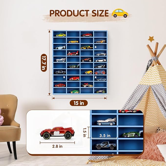 Krafetto 2 Pack Toy Car Display Shelf, Holds 80 Diecast 1/64 Toy Cars, Wall Mount Model Car Storage Organize Case, Blue