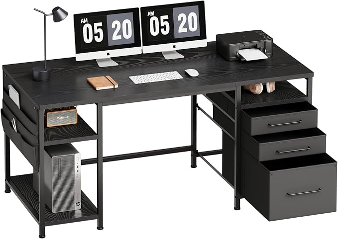 Maihail Small Desk with Drawers, Office Desk with Storage Shelves, Black | 59 Inch Desktop, Metal Frame, 3 Fabric Drawers, Storage Shelves, Computer & Writing Desk, Office Gaming Workstation