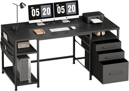 Maihail Small Desk with Drawers, Office Desk with Storage Shelves, Black | 59 Inch Desktop, Metal Frame, 3 Fabric Drawers, Storage Shelves, Computer & Writing Desk, Office Gaming Workstation