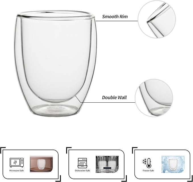 NIRA.Z 4 Pack 11.6oz/343ml Double Wall Glass Coffee Mugs, No Hole Bottom, Insulated Borosilicate Glass Coffee Cups, Clear Mugs for Hot & Cold Beverages, Perfect for Espresso, Latte, Tea, Cappuccino