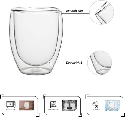 NIRA.Z 4 Pack 11.6oz/343ml Double Wall Glass Coffee Mugs, No Hole Bottom, Insulated Borosilicate Glass Coffee Cups, Clear Mugs for Hot & Cold Beverages, Perfect for Espresso, Latte, Tea, Cappuccino