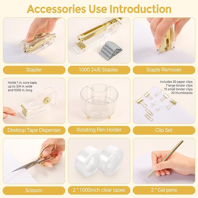 SKYDUE Gold Office Supplies Set, Pencil Holder for Desk,Gel Pen, Stapler, Tape Dispenser, Scissors,Clips and 1000pcs Staples, Office Decor for Women, Gold Desk Accessories