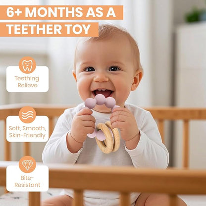 Socub Baby Teething Toys for 0-6 6-12 Months- BPA-Free Food-Grade Silicone & Natural Beech Wood Teether Ring for Newborn Infants Teething Relief- Easy-Grip Sensory Rattle Toys(Dusty Lilac)