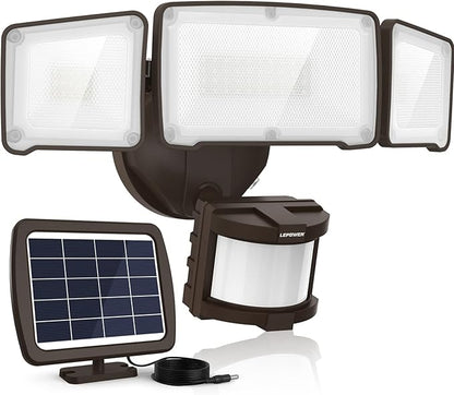 LEPOWER 1600LM LED Solar Security Lights Motion Outdoor, 5500K White Light, IP65 Waterproof Outdoor Flood Solar Light for Yard, Garage（Brown）